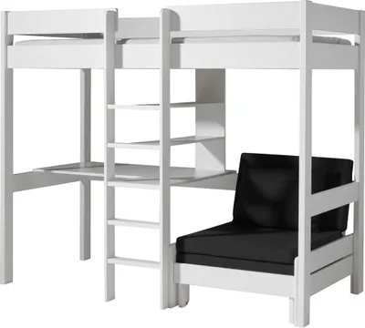 Produktbild von Hochbett mit Schreibplatte und Sesselbett Pino Kiefer Weiß