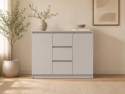 Produktbild von Kommode LOSKO 2T3S – Sideboard Wohnzimmer Schlafzimmer Flur mit 2 Türen, 3 Schubladen, modernes Design - Kaschmir, KI-generiertes Bild