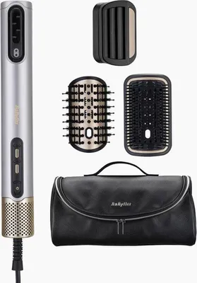 A hair styling tool set with multiple attachments and a storage bag, laid out on a white background.