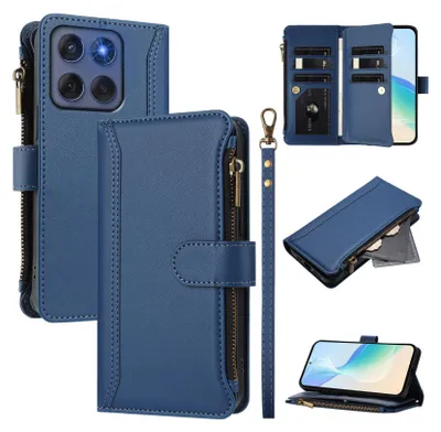Obrázek produktu pro Pouzdro pro Motorola Moto Edge 60/Edge 60 Fusion/Edge 2025, zipem, peněženkovéPolyuretankožené flip pouzdro s kapsami na karty, stojánkem a poutkem na ruku modrý