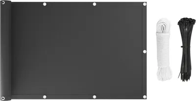 A dark gray privacy screen is rolled up on the left side, with white rope and black zip ties on the right side, all on a white background.
