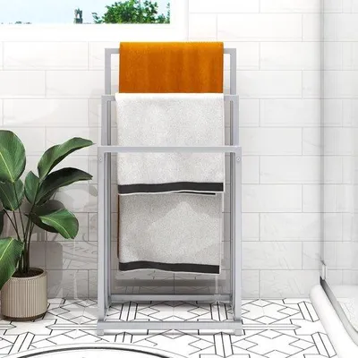 Immagine prodotto di Portasciugamani freestanding Unyqoos® in acciaio inossidabile, con 3 ripiani, portasciugamani compatto 44 x 30 x 88 cm con 4 piedi rettangolari – ideale per bagno e piscina