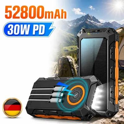 Image de Batterie externe solaire 52800 mAh, sans fil, étanche à la poussière, résistante aux chocs, avec éclairage LED, idéale pour les voyages et le camping