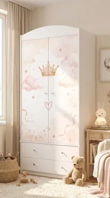 Produktbild von Kinderkleiderschrank mit bezauberndem Motiv – 2-türiger Schrank für Kinderzimmer inkl. 2 Schubladen, Kleiderstange & Einlegeböden, Weiß (88x187x54 cm)