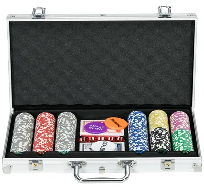 Produktbild von Casinozubehör und Chips Pokerset mit Chips Pokerchip-Koffer, inkl. Unterlage, Set mit 300 Chips, 2 Kartenspielen, 5 Würfeln