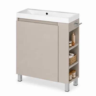 Produktbild von Waschbecken mit Waschtischunterschrank 57, Badezimmermöbel, freistehend/wandmontiert, Gäste-WC, Schrank, links-rechts, Kaschmir, Beige, KI-generiertes Bild