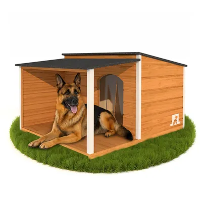 Produktbild von Outentin Hundehütte Isoliert Winterfest XL für Große Hunde – Hundehaus mit Flachdach & Terrasse – Wetterfeste Villa ausHolz – 123x105x73cm, Eiche