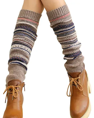 Produktbild von 1 Paar Stulpen im Ethno-Stil mit Streifenmuster, Rippbündchen, kniehoch, gestrickt, Herbst/Winter, Damen, warme Stiefelstrümpfe