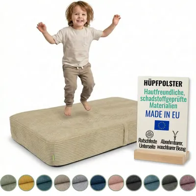 Produktbild von Pillows24 – Hüpfpolster für Kinder | Hüpfkissen 70x110x17 cm | Federn & Schaumstoff | Kindertrampolin für Zuhause | Hüpfmatte | abnehmbarem Cordbezug
