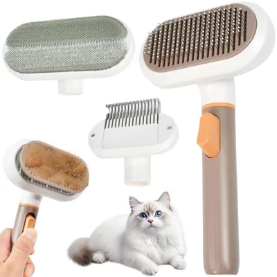 Immagine prodotto di Spazzola 3-in-1 per gatti e cani, autopulente, con 3 testine intercambiabili. Pettine in acciaio inossidabile per rimuovere il pelo, adatto a pelo lungo e corto