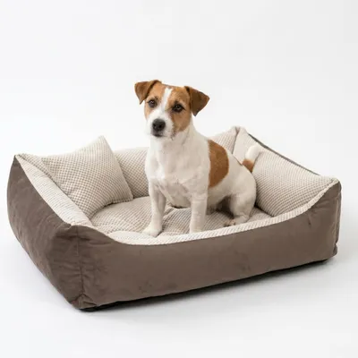 Produktbild von 4L Textil TEO Kuscheliges Hundebett mit Rand, abnehmbarer waschbarer Bezug, für kleine und mittelgroße Hunde, 80x60 cm, Braun-Beige