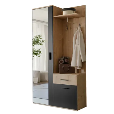 Produktbild von IDOHOME-Garderobenschrank LEA mit Schuhschrank und Spiegel für den Flur Artisan Schwarz Haken Schuhregale Kleiderständer 97x195x30 cm