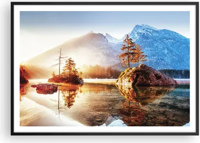 Produktbild von Gerahmtes Poster - Schwarzer Rahmen - Morgendämmerung Berge See - 100x70 cm - Wand Bild - Wanddeko - Wandbilder - Kunstposter - Wandposter - Bilderrahmen - Bilder - Kunstdruck - P2BAA100x70-4617
