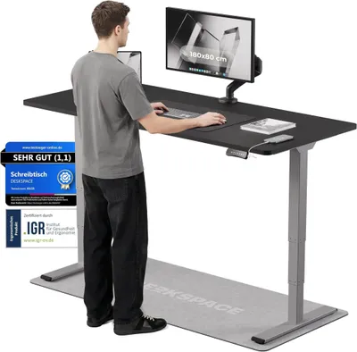 Produktbild von DESKSPACE PRO Plus Elektrisch höhenverstellbarer Schreibtisch, 180x80 cm Stehpult mit Memory-Funktion, Schwarze Tischplatte, Graues Gestell