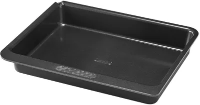 A black rectangular baking dish is shown from a slightly elevated angle against a white background.