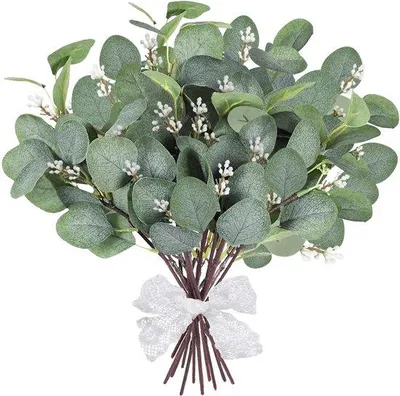Image de Lot de 18 branches d'eucalyptus artificielles, vertes, plantes artificielles, décoration de bureau et de mariage