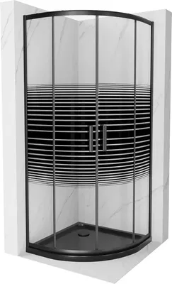 A black framed shower enclosure with a striped pattern on the glass, shown in a bathroom setting with marble-tiled walls.