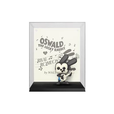 A Funko Pop! figure of Oswald the Lucky Rabbit in a display case, with a background resembling a vintage movie poster.