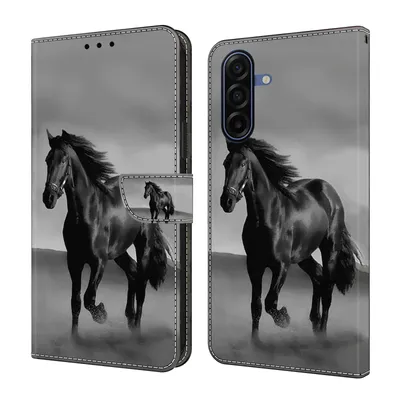 Produktbild von CLM-Tech Handyhülle kompatibel mit Samsung Galaxy A27 5G Hülle - Tasche aus Kunstleder - Klapphülle mit Ständer und Kartenfächern - Schutzhülle Wallet Case Cover Pferd in schwarz grau