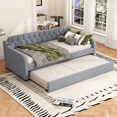Immagine prodotto di Divano letto AIORBER, 90x200cm, in lino, letto estraibile, regolabile in altezza, con connessione USB, letto da giorno con braccioli, per appartamenti e camere degli ospiti, grigio