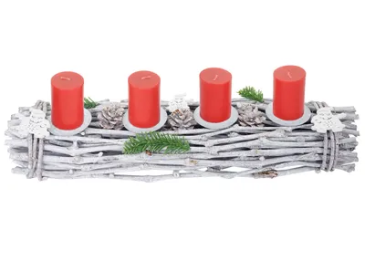 Obrázok produktu pre Adventný veniec podlhovastý, vianočná dekorácia Adventné aranžmán, drevo 60x16x9cm bielo-sivá ~ so sviečkami, červená
