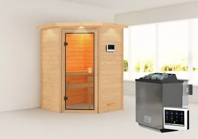 Produktbild von Karibu Sauna Innensauna Antonia Eckeinstieg Ofen 9 kW  externe Strg easy 173x159x191 cm mit Dachkranz
