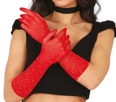 Imagen del producto de Guantes de red brillantes con detalles de pedrería, elegantes, ideales para disfraces de carnaval o fiestas. Color: Rojo
