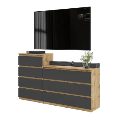 Zdjęcie produktu dla Komoda 160 Cm Dąb Wotan / Antracyt 10 Szuflad, Zestaw Dwóch Komód, Salon