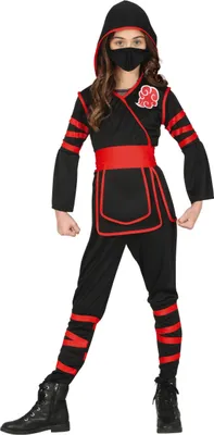 Produktbild von Ninja Kostüm Karneval Schwarz Rot Kapuze Maske Hose, Größe: 128/134 Farbe: Rot