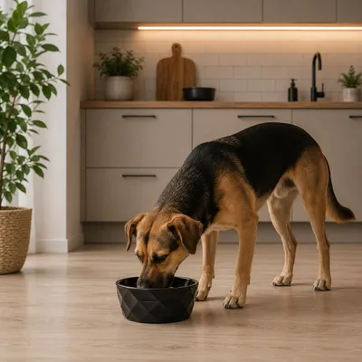 Produktbild von belviona Futternapf für Hunde, Keramiknapf mit rutschfestem Silikonboden, für Nassfutter, Trockenfutter & Wasser, 550 ml, schwarz matt, KI-generiertes Bild