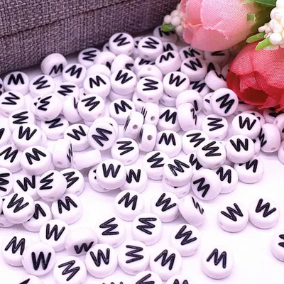 Image de Perles pour lettres, 30 pièces, 4x7 mm, blanc avec noir, rond, lettre W