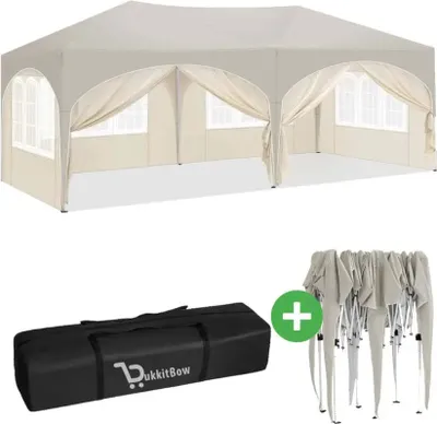 Obrázek produktu pro Dvojitý párty stan s bočnicemi - 3x6 m - Skládací stan - Voděodolný a odolný proti povětrnostním vlivům - BukkitBow - Béžová / Bílá