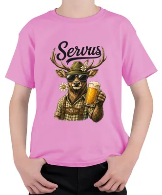 Produktbild von Servus Hirsch Bayern Bier Tracht Lederhose Dirndl Kinder T-Shirt, Pink, 140