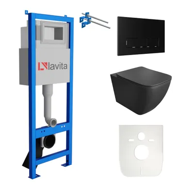 Produktbild von Domino Lavita Vorwandelement inkl. Drückerplatte +Wand WC LINO BLACK ohne Spülrand + WC-Sitz mit Soft-Close-Absenkautomatik (Drückerplatte RB) Schwarz