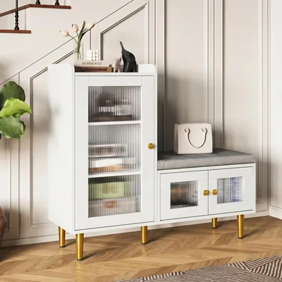 Produktbild von ProximaX Schuhbank mit Schrank 100x35x90 cm Weiß mit Riffglastüren, Sitzpolster & Goldfüßen