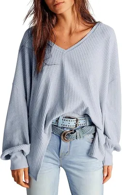 Produktbild von Damen-Tunika mit Waffelstruktur Oversize V-Ausschnitt Langarm Strick Hellblau M