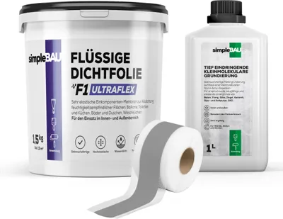 Produktbild von SimpleBau F1 Ultraflex Dichtset Flüssig-Dichtfolie + Grundierung + elastisches Dichtband, 1,5kg + 1l + 5M