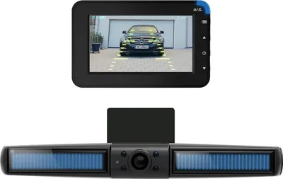 Produktbild von Lescars Solar-Funk-HD-Rückfahrkamera PA-720.slr - Kabellose Einparkhilfe mit Nummernschildhalter, Monitor & Abstandswarner