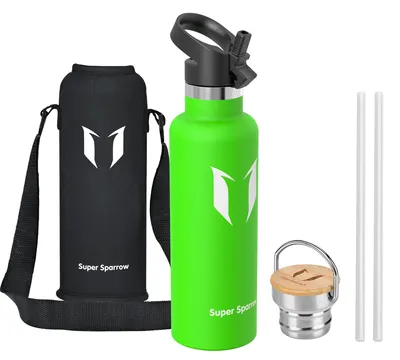 Produktbild von Super Sparrow Trinkflasche Edelstahl - 750ml - Auslaufsicher Thermoskanne, BPA-Frei Thermosflasche - Trinkflaschen Kinder für Sprudel, Sport, Schule, Fitness - Mit 2 Deckeln
