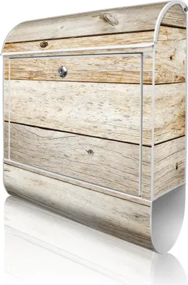 Produktbild von banjado Design Briefkasten Stahl weiß mit Zeitungsfach pulverbeschichtet "Graues Holz" 38x46x12,5cm & 2 Schlüssel - Postkasten A4 Einwurf inkl. Montagematerial [BKW 12172]