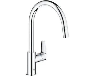 A studio shot of a chrome kitchen faucet against a white background.