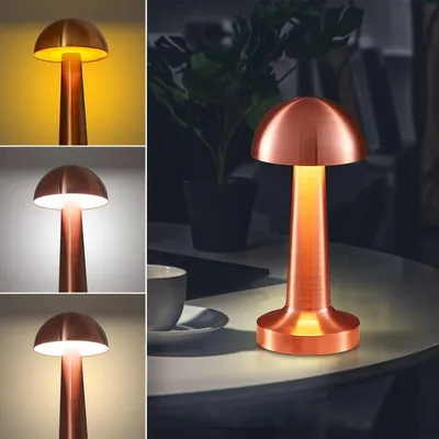 Image de Lampe de table LED sans fil Mushroom, métal cuivré haut de gamme,tactile, 3 couleurs d'éclairage réglables, batterie rechargeable avec câble de recharge USB-C Eaxus inclus