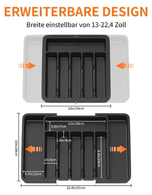 Immagine prodotto di Contenitore per posate da cucina - Divisorio per cassetto posate - Regolabile da 33 a 57 cm - 8 scomparti - Contenitore estraibile per posate in plastica