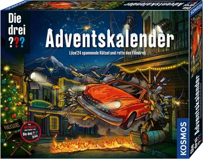 Produktbild von drei Adventskalender 630560 Löse die 24 spannenden Rätsel und rette den Film-Dreh Spielzeug-Adventskalender für Kinder ab 8 Jahre Krimi Detektiv Geschichte