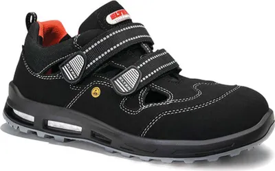A black safety sandal with orange accents and gray sole.