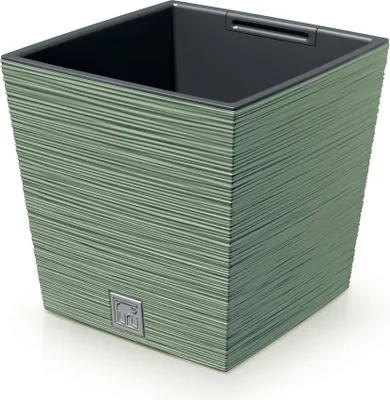 A square green planter with a textured surface sits on a white background.