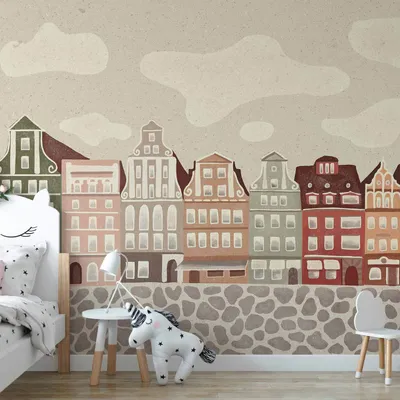 Produktbild von Vlies Fototapete - Salt Square - Colorful Illustrated Townhouses Against a Cloudy Sky Background 300x210 cm Für Kinder d-A-10016-a-a