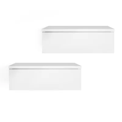 Two white wall-mounted drawers are shown against a white background.