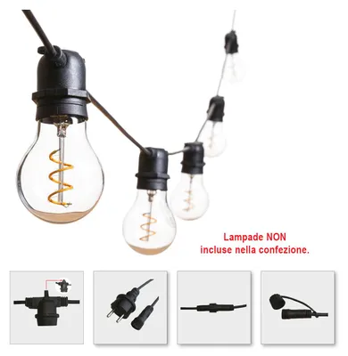Produktbild von Alcapower E27 Lichterkette, schwarz, 10 Fassungen, 11,5m, IP65, bis zu 6 Einheiten koppelbar, 230V AC.