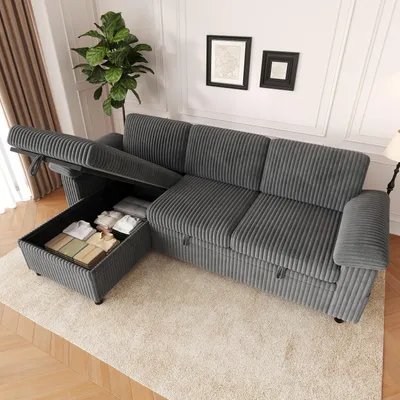 Produktbild von okwish L-förmiges Schlafsofa mit verstellbarer Rückenlehne und Stauraum-Ottomane, Ecksofa mit USB und Type-C,Cord,Grau